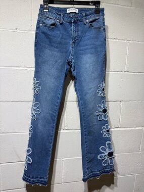 Ashley Mason Medium Blue Floral Appliqué Flare Jeans